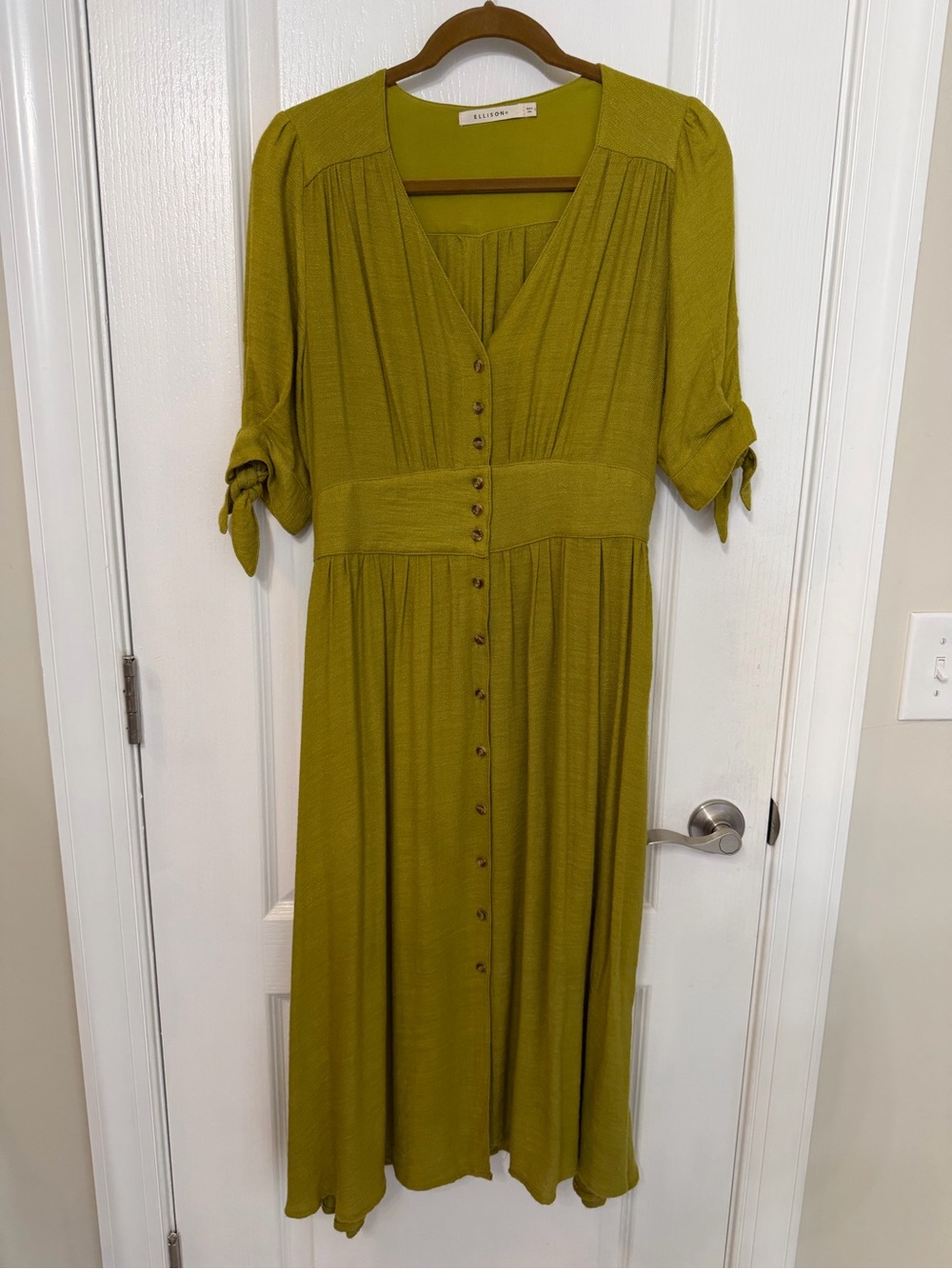 Ellison Chartreuse Button-Front Midi Dress with Tie Sleeves